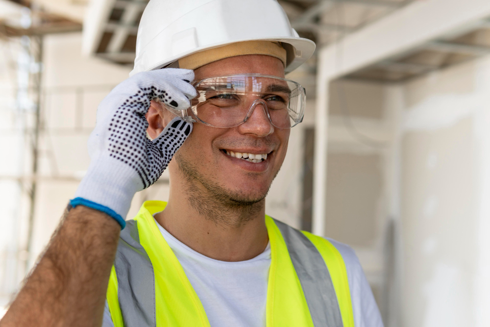 Image is a man wearing safety glasses and a white hard hat. He is looking off camera and smiling. He is at a job site.